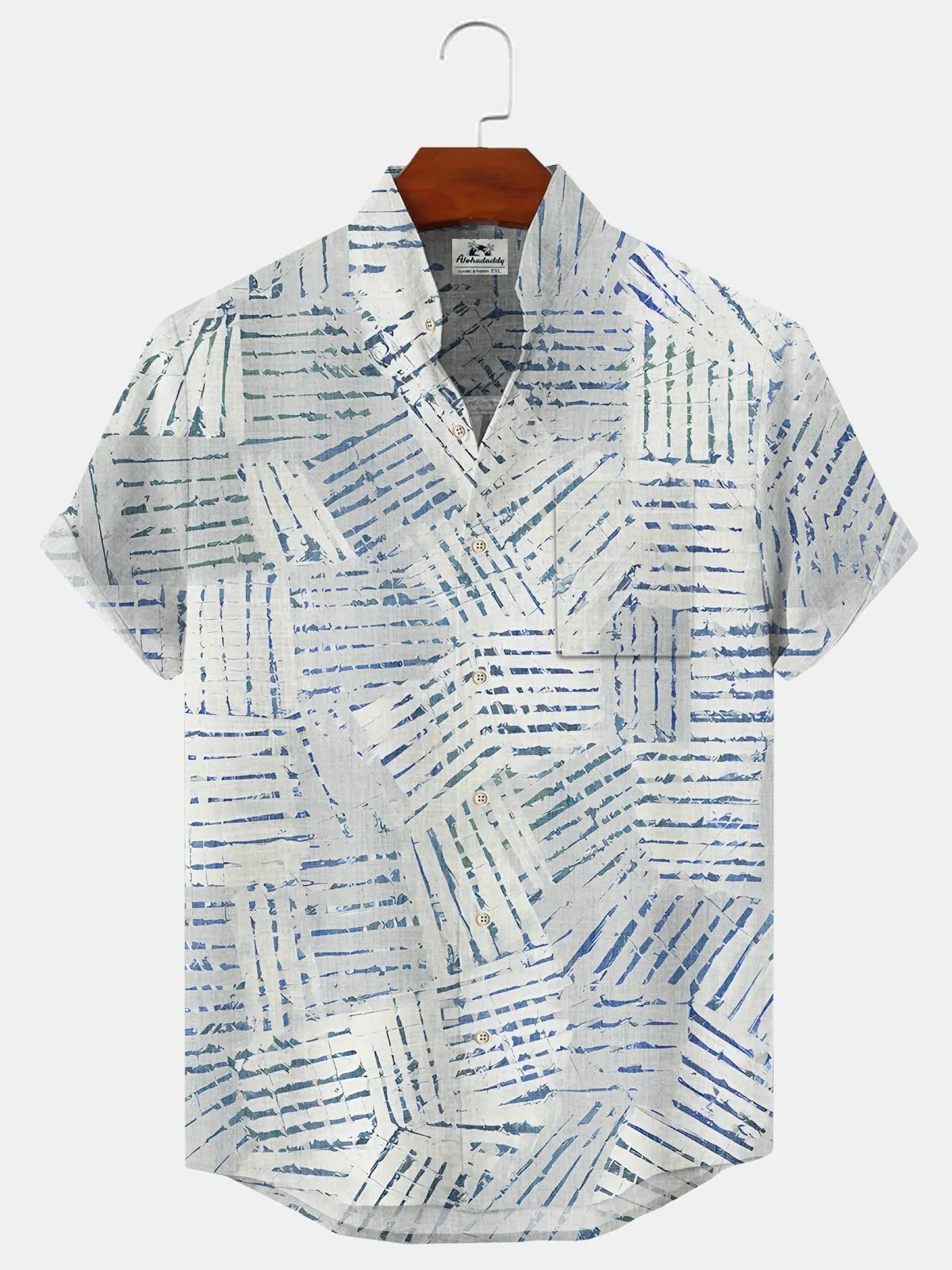 Alohadaddy Geometric Lines Buttons Pockets Casual Short Sleeves Stand Collar Shirt