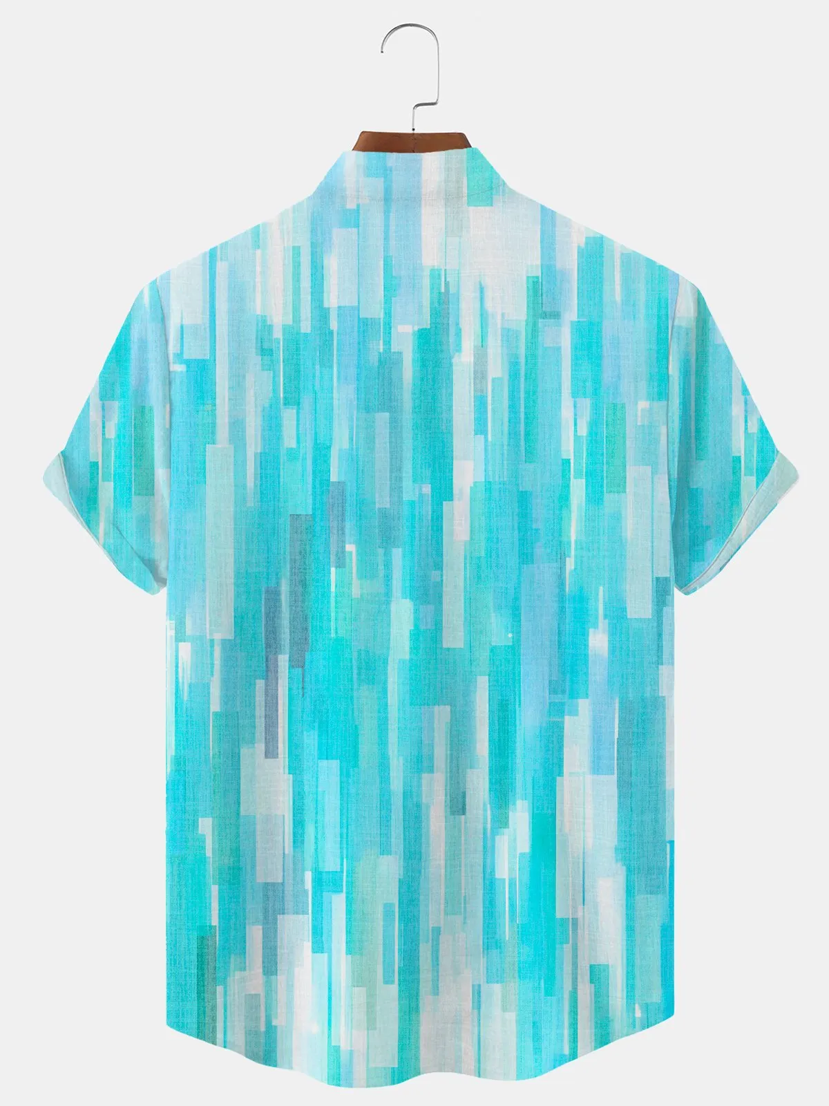 Alohadaddy Geometric Lines Gradient Button Pocket Casual Short Sleeve Stand Collar Shirt