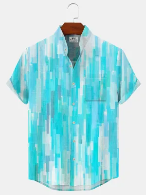 Alohadaddy Geometric Lines Gradient Button Pocket Casual Short Sleeve Stand Collar Shirt