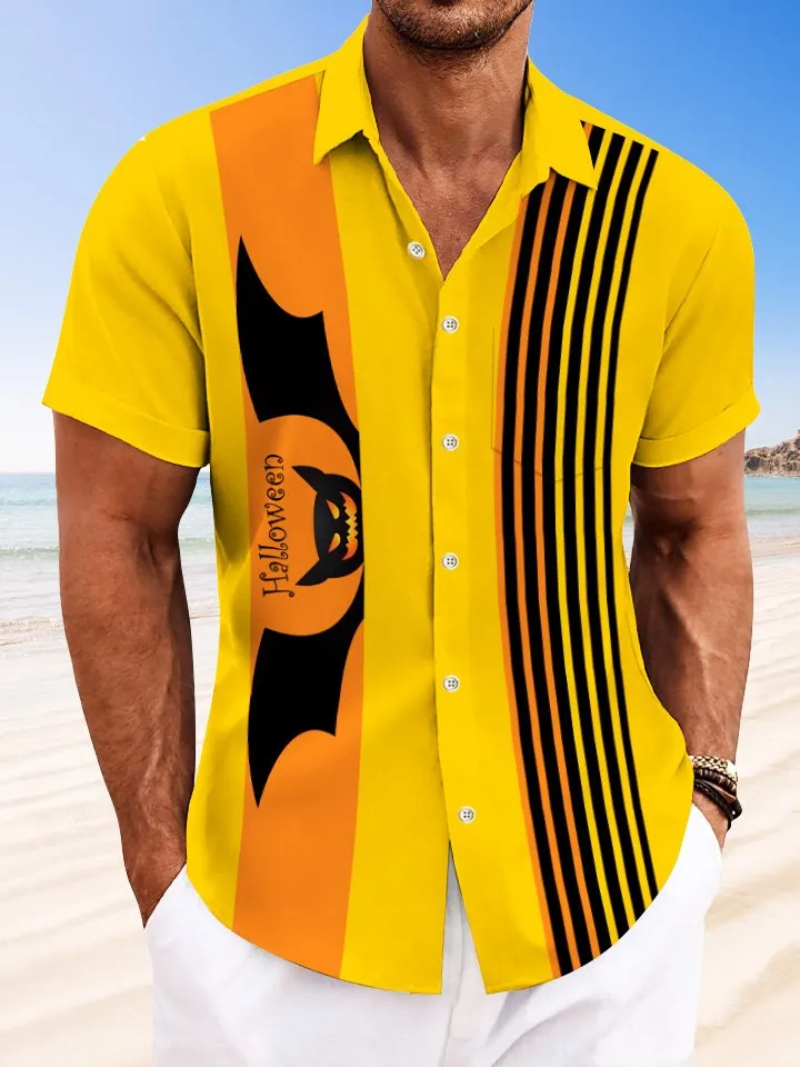 Alohadaddy Halloween Bats Geometric Lines Button Pockets Casual Short Sleeve Shirt