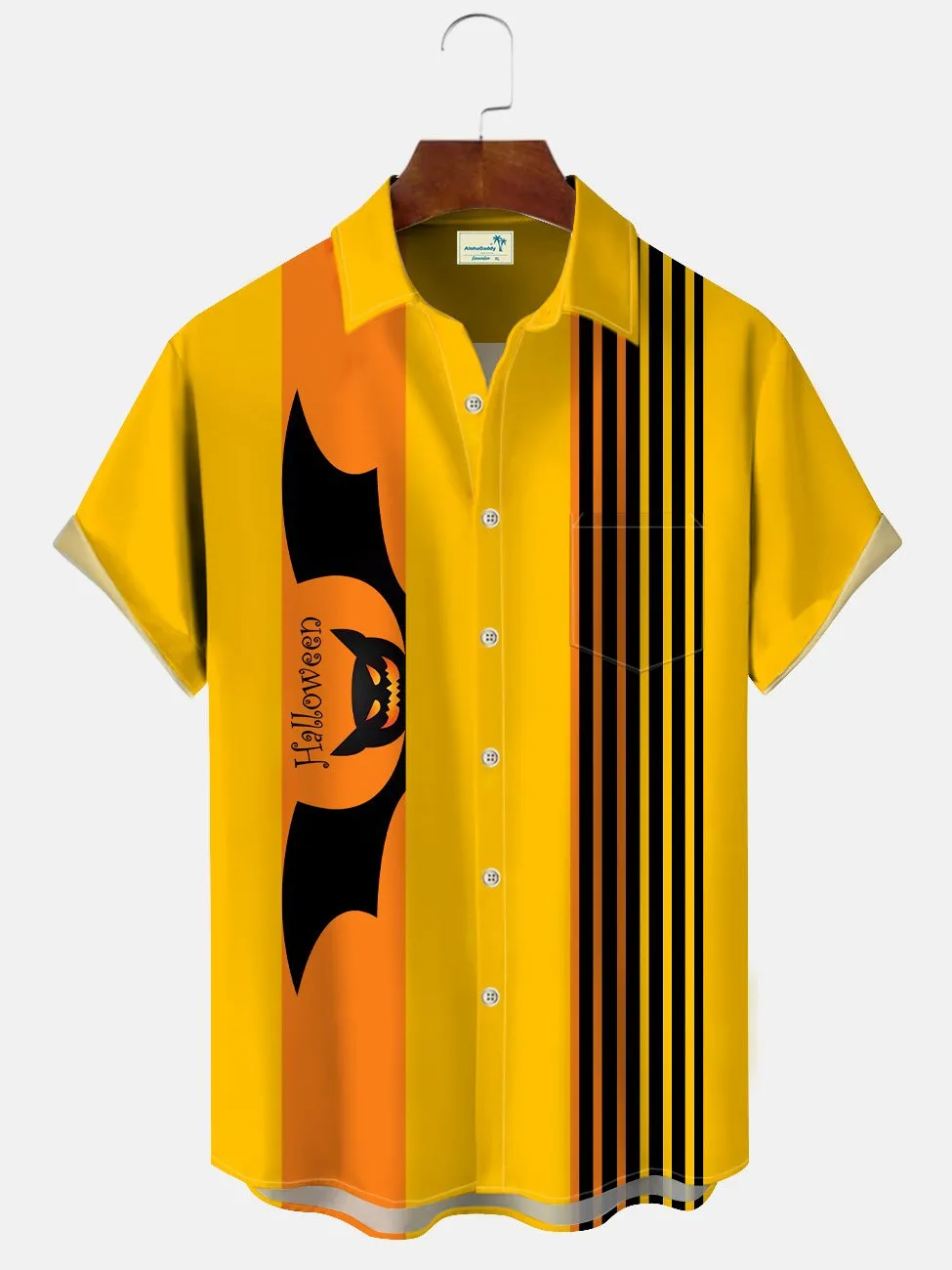 Alohadaddy Halloween Bats Geometric Lines Button Pockets Casual Short Sleeve Shirt