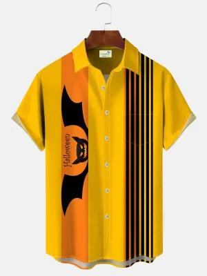 Alohadaddy Halloween Bats Geometric Lines Button Pockets Casual Short Sleeve Shirt