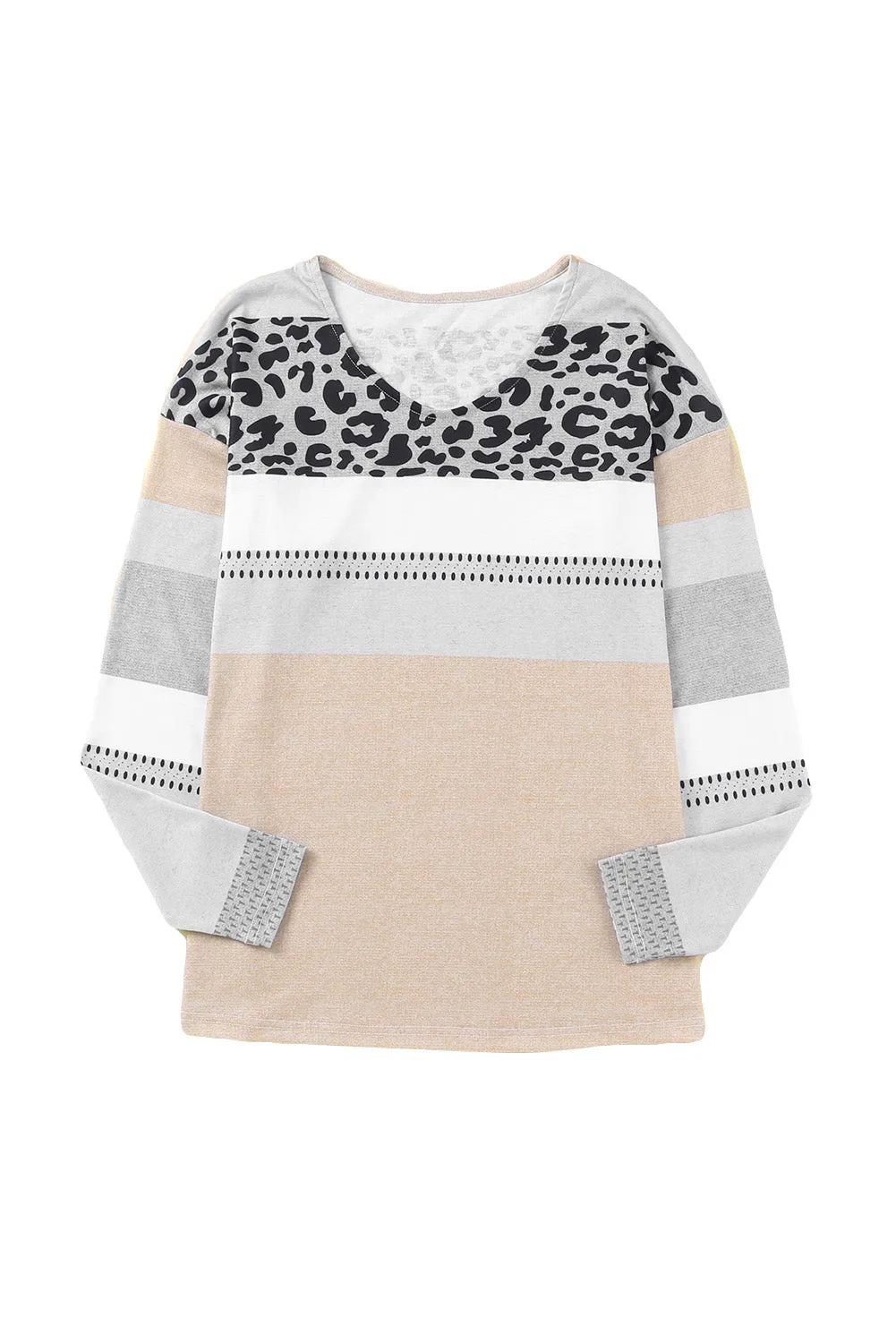 Apricot and Leopard Print V Neck Colorblock Top