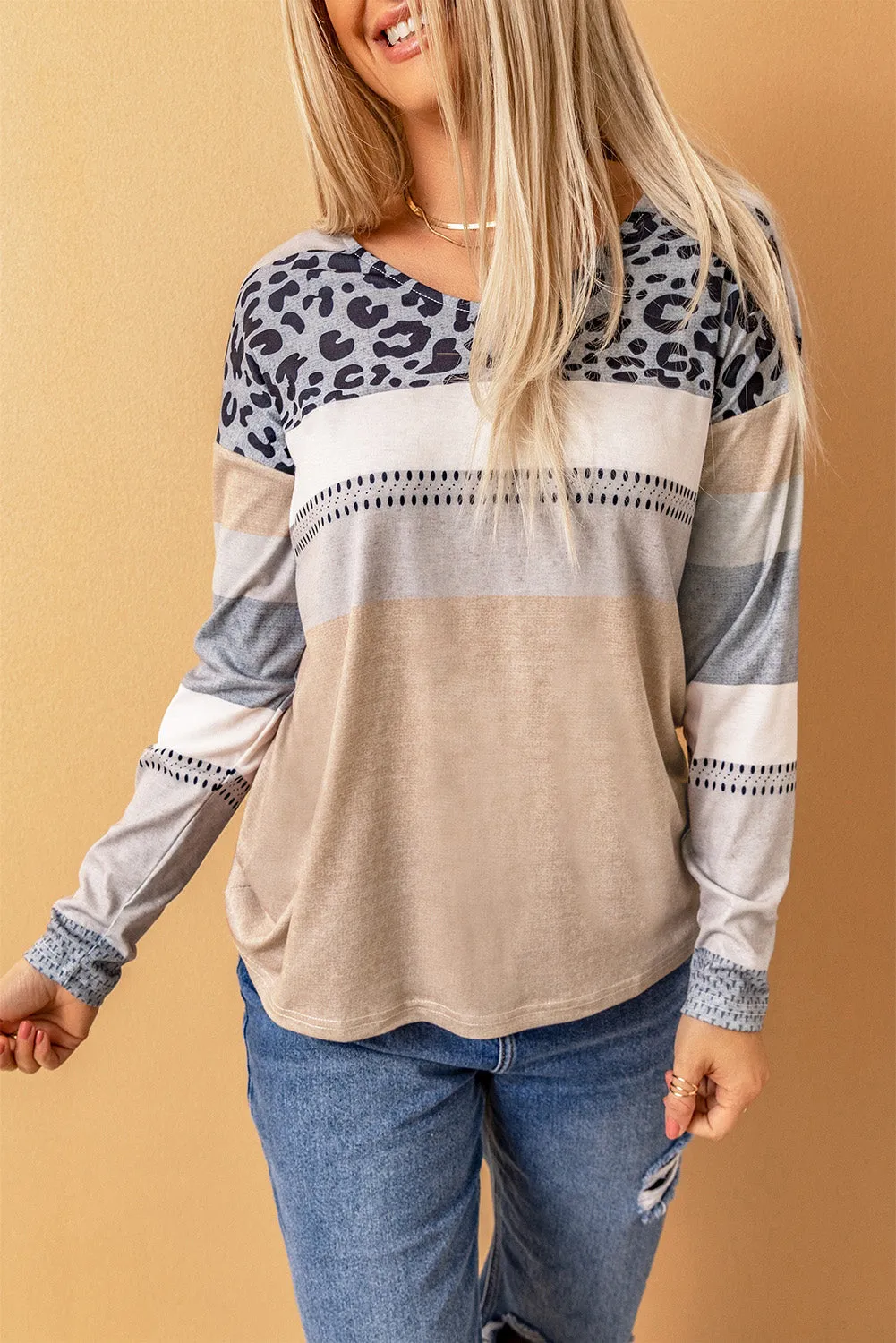 Apricot and Leopard Print V Neck Colorblock Top