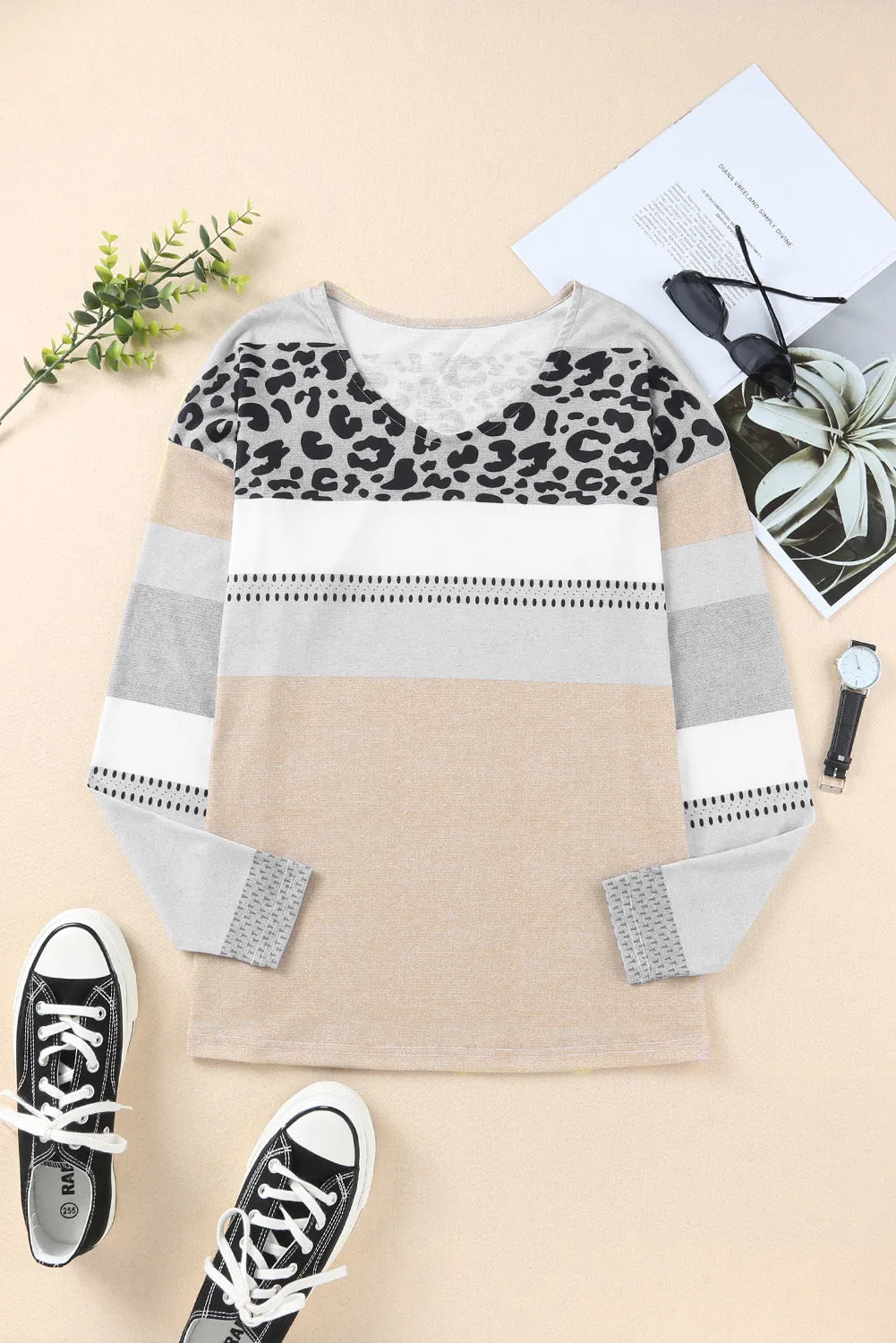 Apricot and Leopard Print V Neck Colorblock Top
