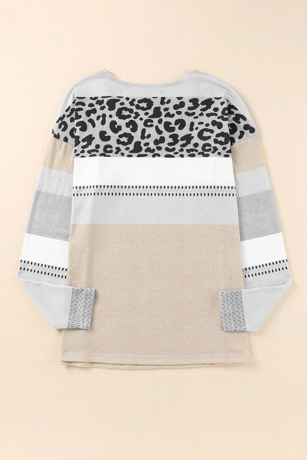 Apricot and Leopard Print V Neck Colorblock Top