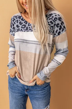 Apricot and Leopard Print V Neck Colorblock Top