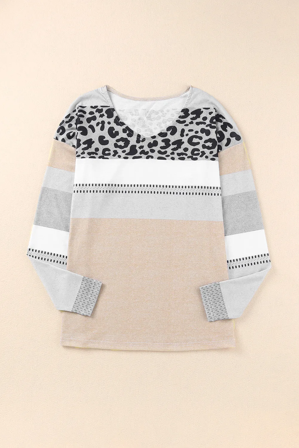 Apricot and Leopard Print V Neck Colorblock Top