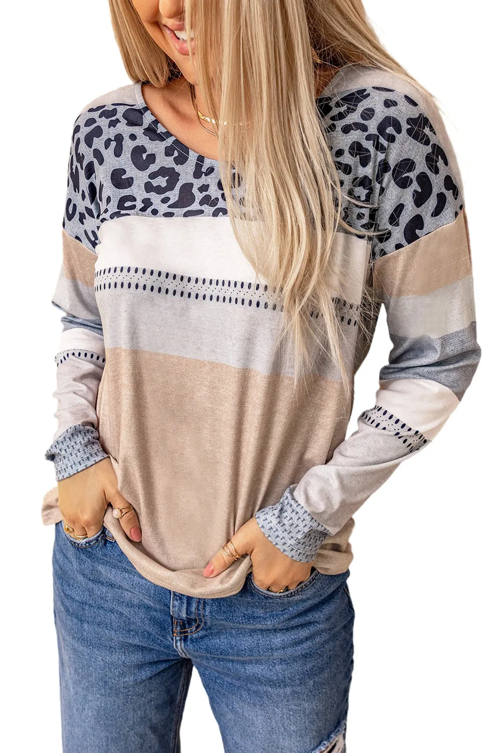 Apricot and Leopard Print V Neck Colorblock Top