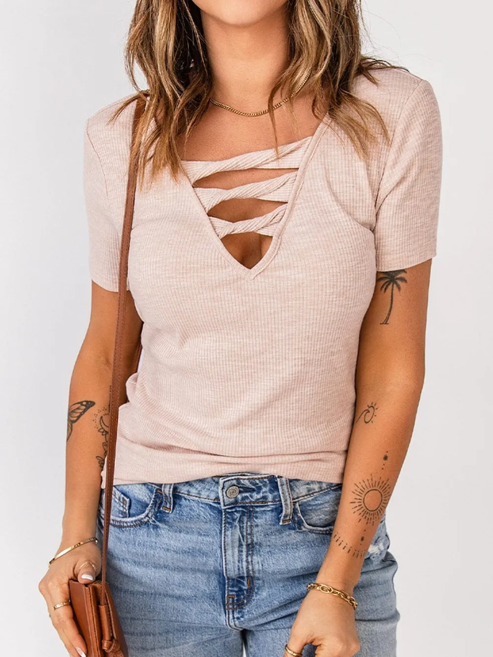 Apricot V-Neck Hollow-out Ribbed Knit T-Shirt