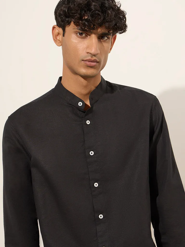 Ascot Black Solid Relaxed-Fit Linen-Blend Shirt