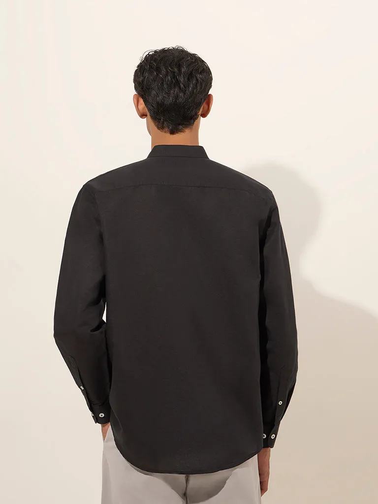 Ascot Black Solid Relaxed-Fit Linen-Blend Shirt