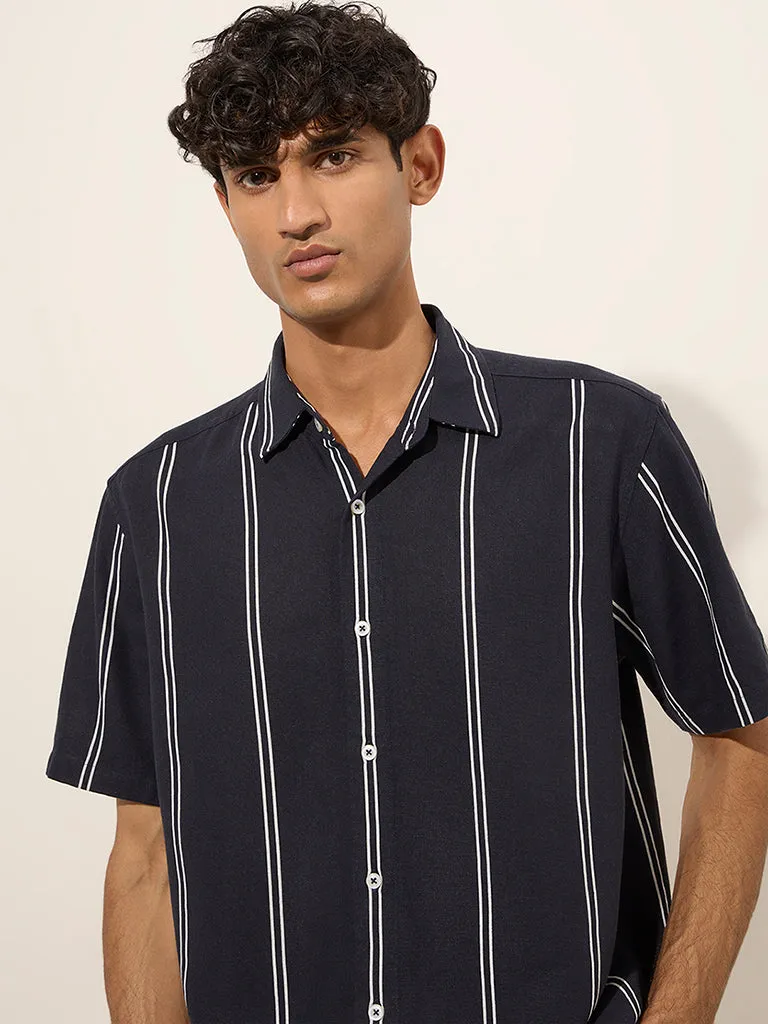 Ascot Navy Blue Striped Relaxed-Fit Shirt