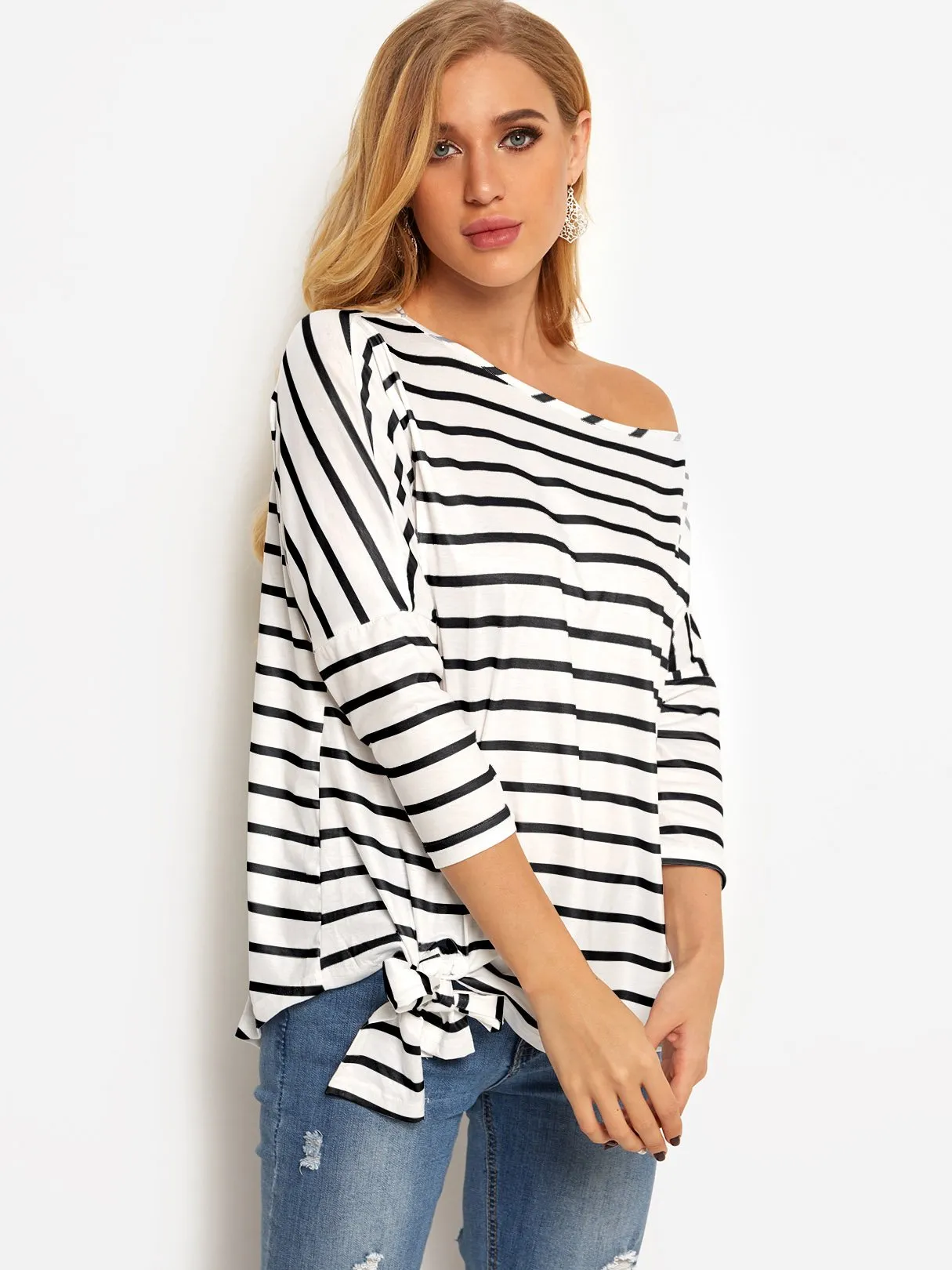 Asymmetrical One Shoulder Stripe Self-Tie Long Sleeve Curved Hem Blouses