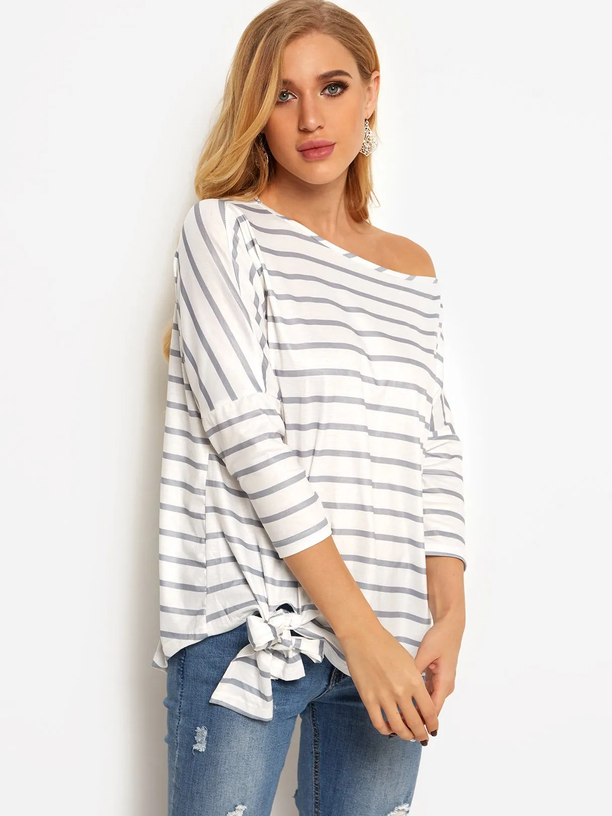 Asymmetrical One Shoulder Stripe Self-Tie Long Sleeve Curved Hem Blouses