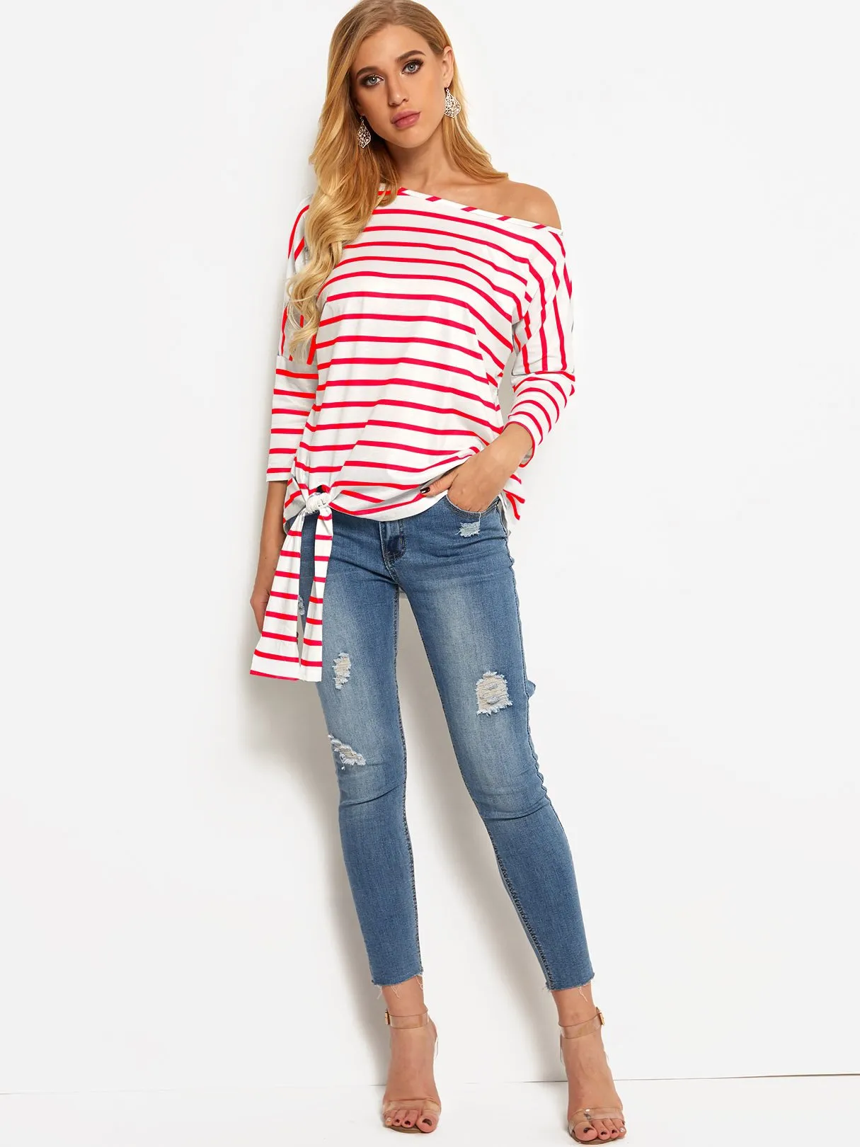 Asymmetrical One Shoulder Stripe Self-Tie Long Sleeve Curved Hem Blouses