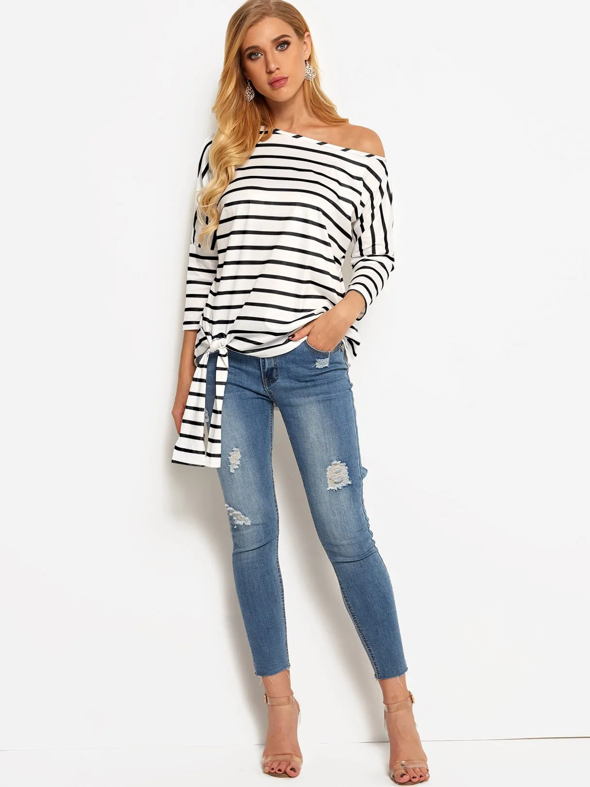 Asymmetrical One Shoulder Stripe Self-Tie Long Sleeve Curved Hem Blouses