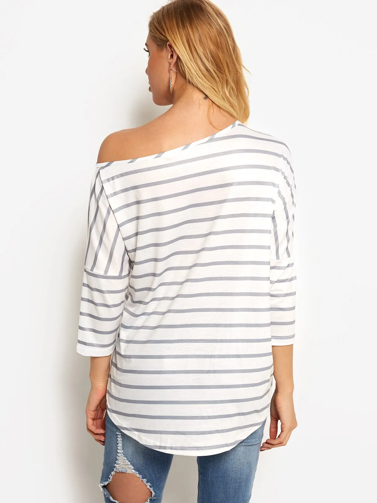 Asymmetrical One Shoulder Stripe Self-Tie Long Sleeve Curved Hem Blouses