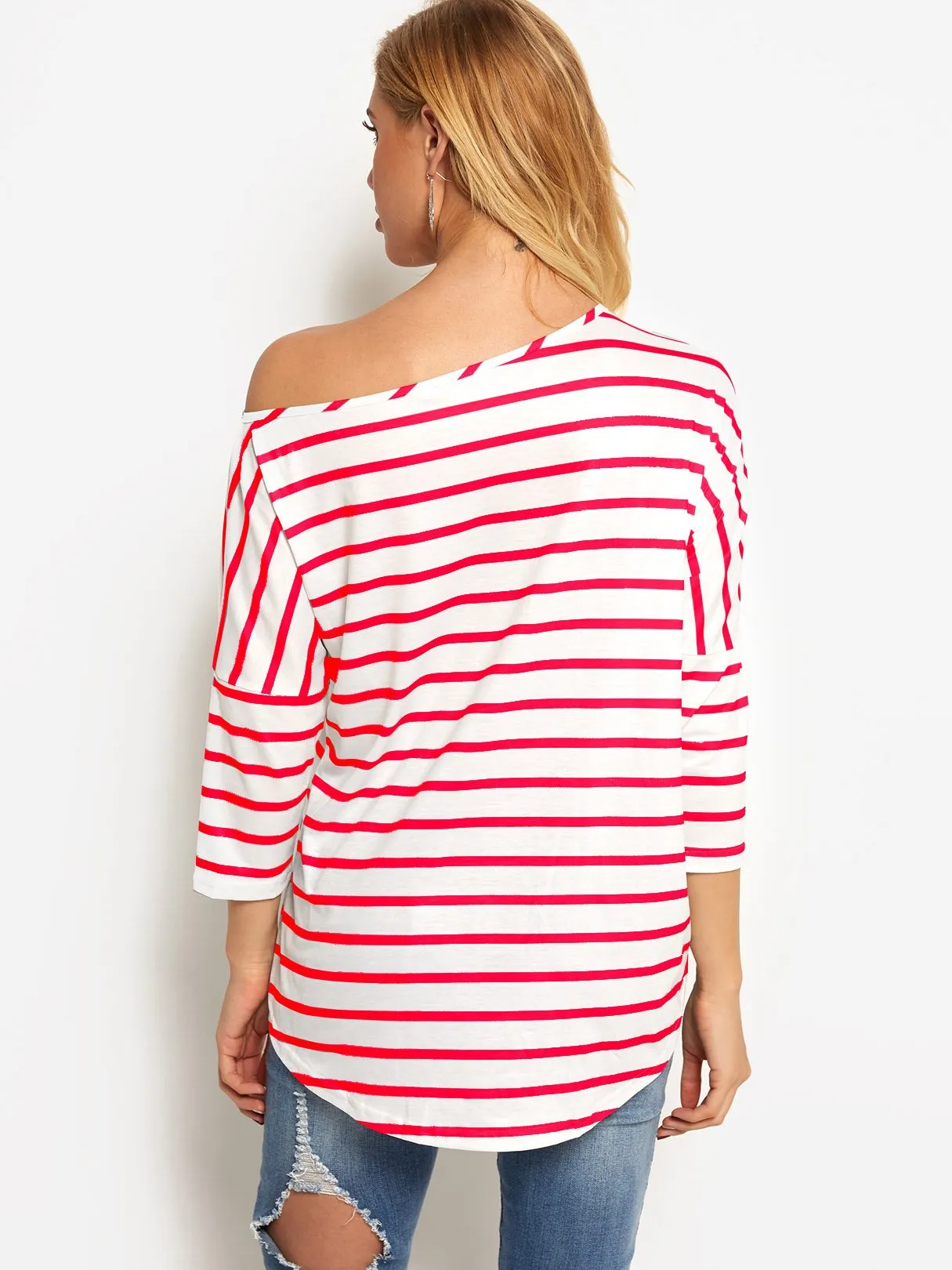 Asymmetrical One Shoulder Stripe Self-Tie Long Sleeve Curved Hem Blouses