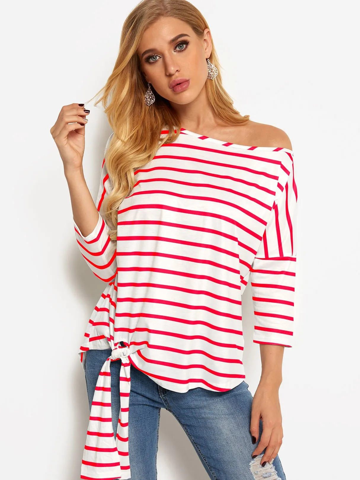 Asymmetrical One Shoulder Stripe Self-Tie Long Sleeve Curved Hem Blouses