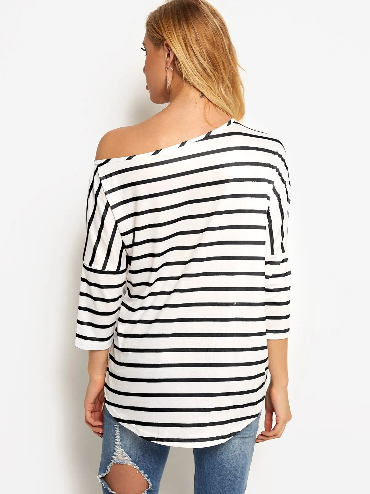 Asymmetrical One Shoulder Stripe Self-Tie Long Sleeve Curved Hem Blouses
