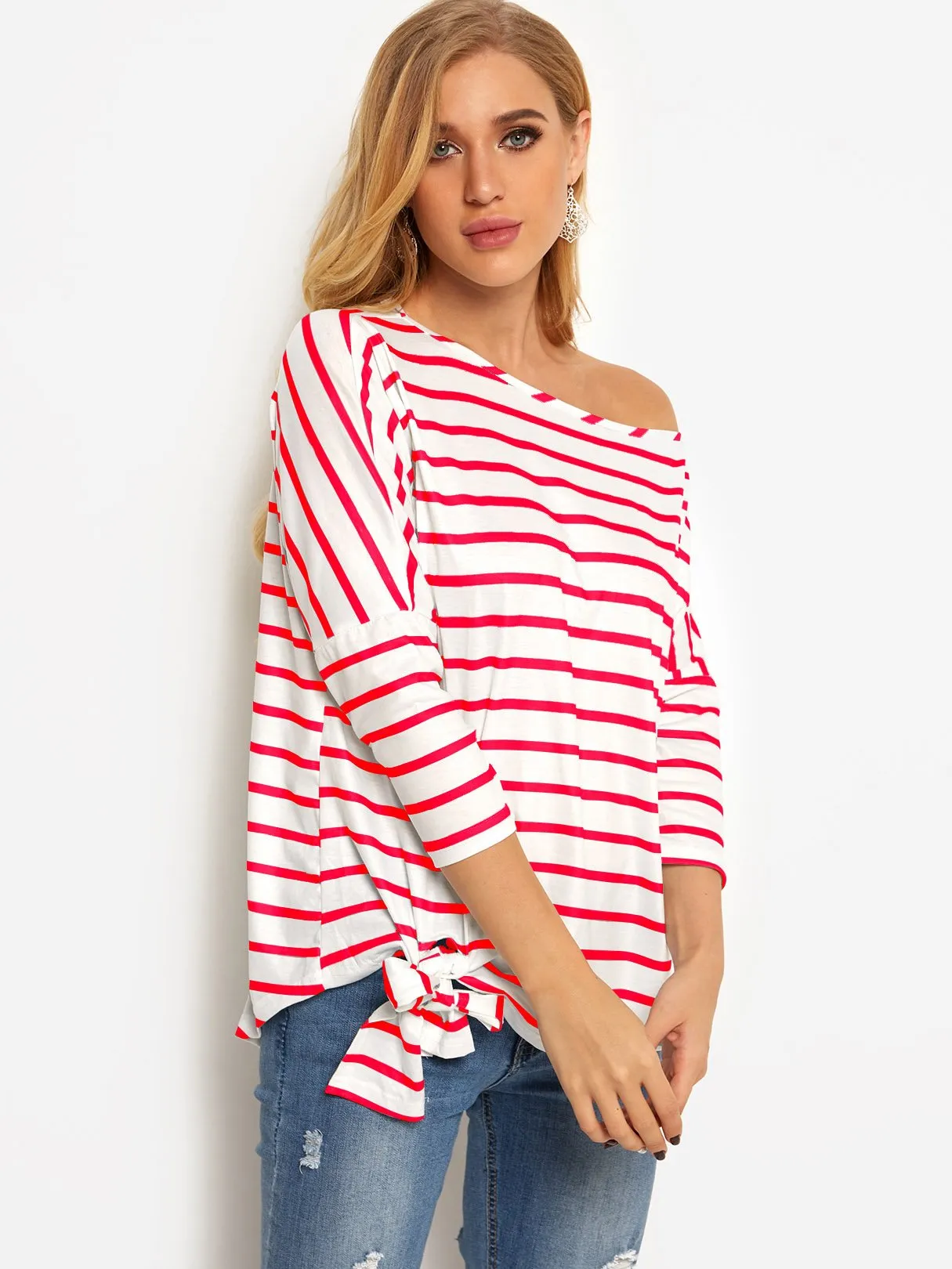 Asymmetrical One Shoulder Stripe Self-Tie Long Sleeve Curved Hem Blouses