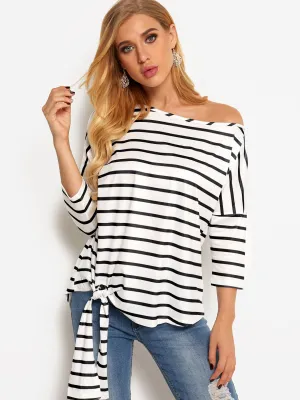Asymmetrical One Shoulder Stripe Self-Tie Long Sleeve Curved Hem Blouses