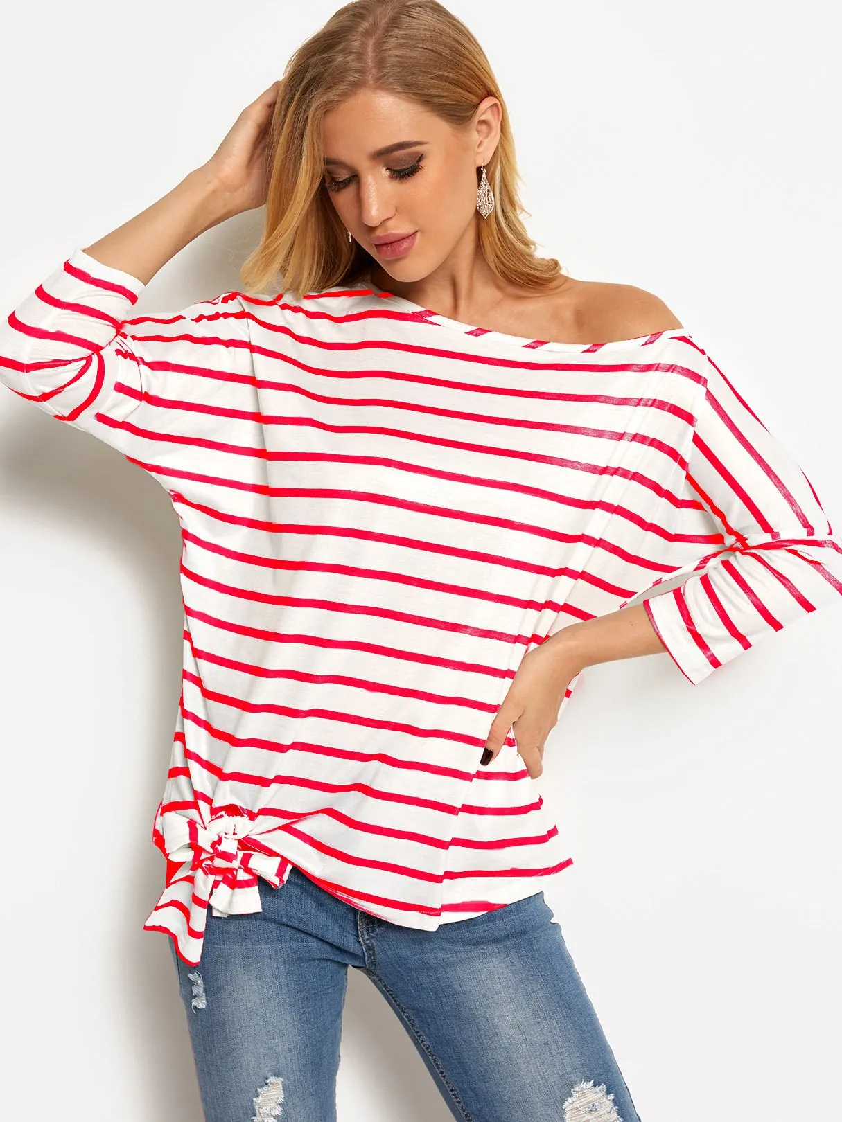 Asymmetrical One Shoulder Stripe Self-Tie Long Sleeve Curved Hem Blouses