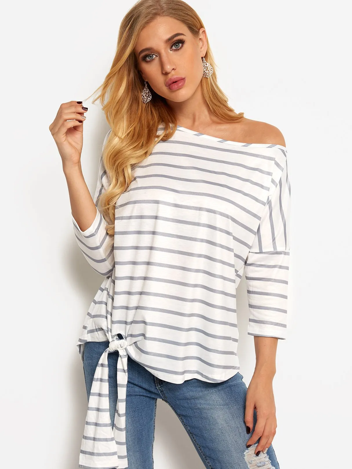 Asymmetrical One Shoulder Stripe Self-Tie Long Sleeve Curved Hem Blouses