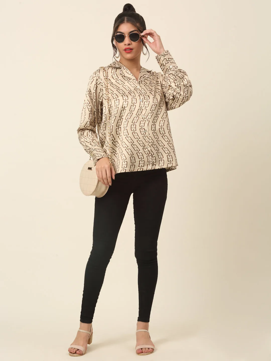 Beige Abstract Printed Cutaway Collar Casual Shirt