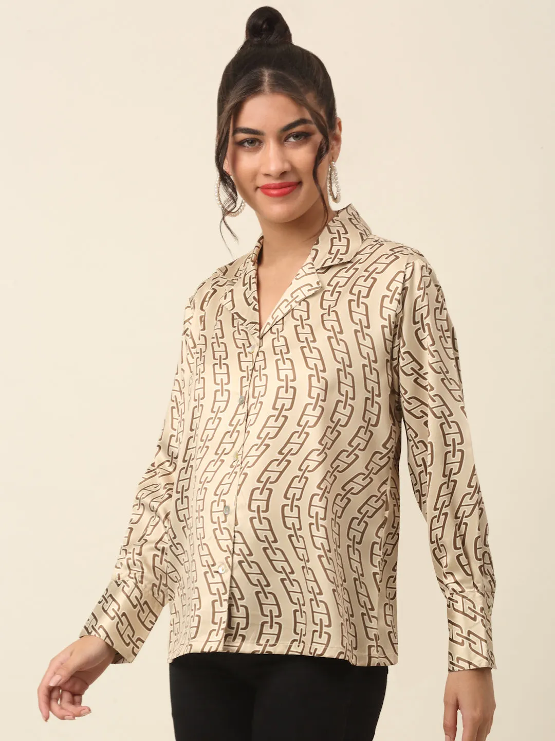 Beige Abstract Printed Cutaway Collar Casual Shirt