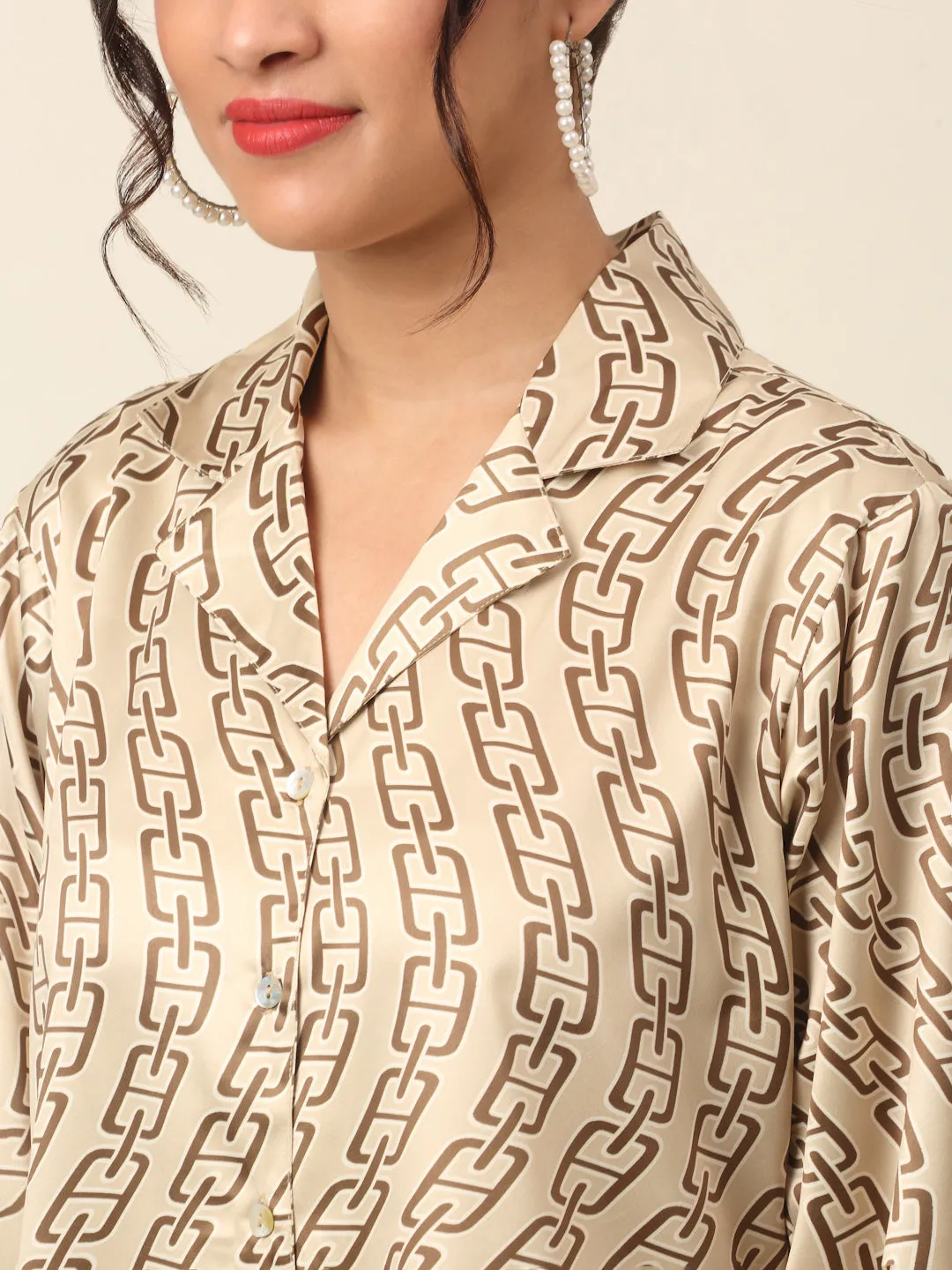 Beige Abstract Printed Cutaway Collar Casual Shirt