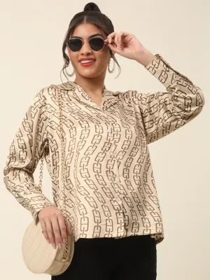 Beige Abstract Printed Cutaway Collar Casual Shirt