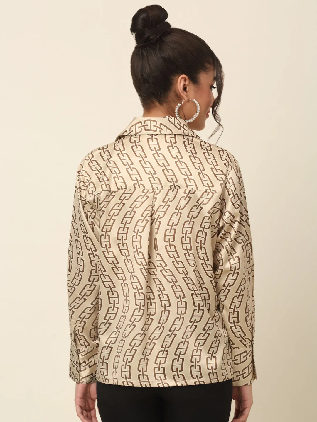 Beige Abstract Printed Cutaway Collar Casual Shirt