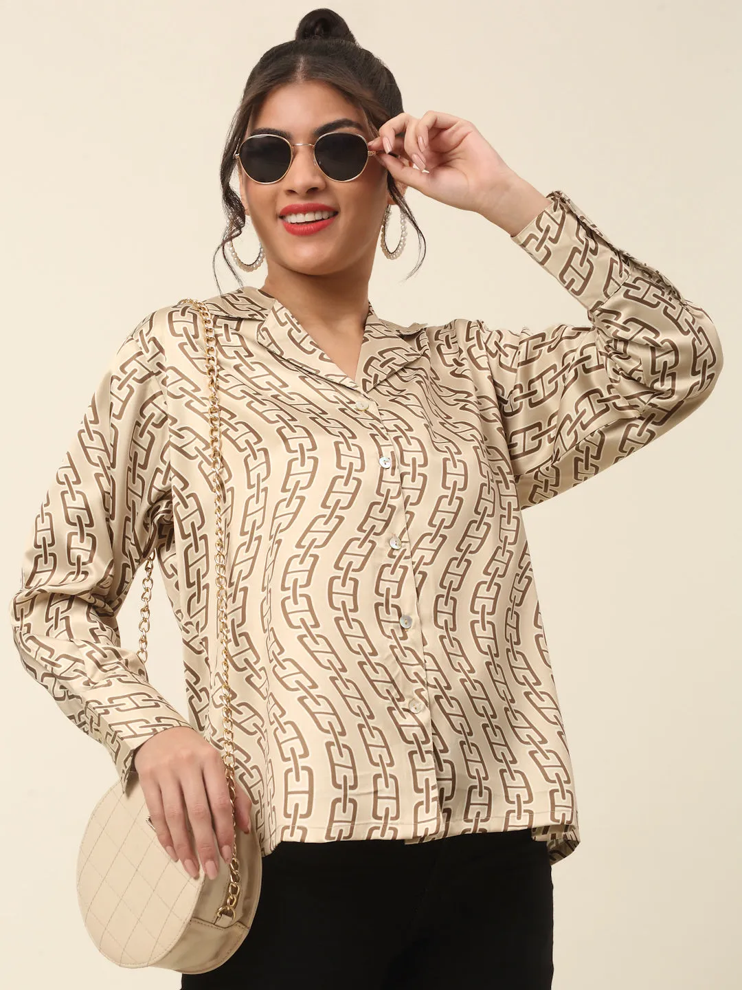 Beige Abstract Printed Cutaway Collar Casual Shirt