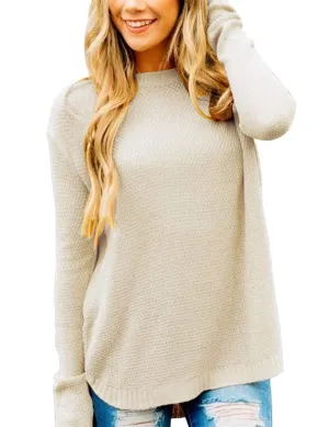 Beige Women's Long Sleeve Oversized Crew Neck Solid Color Knit Pullover Sweater Tops - MEROKEETY