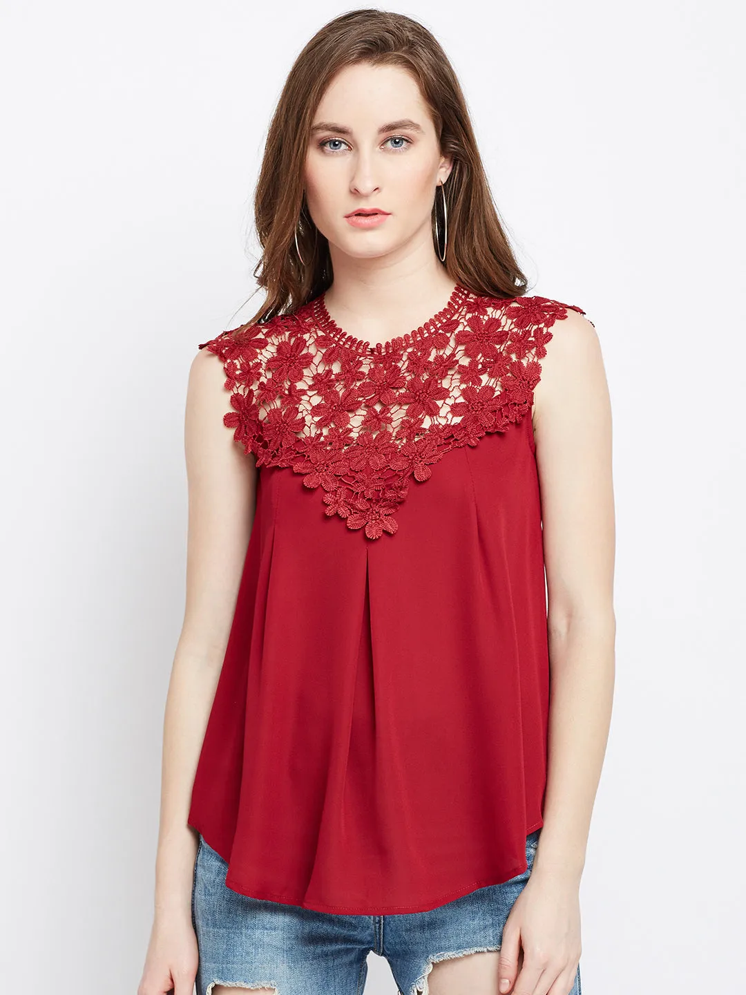 Berrylush Women Solid Maroon Round Neck Laced Regular Top