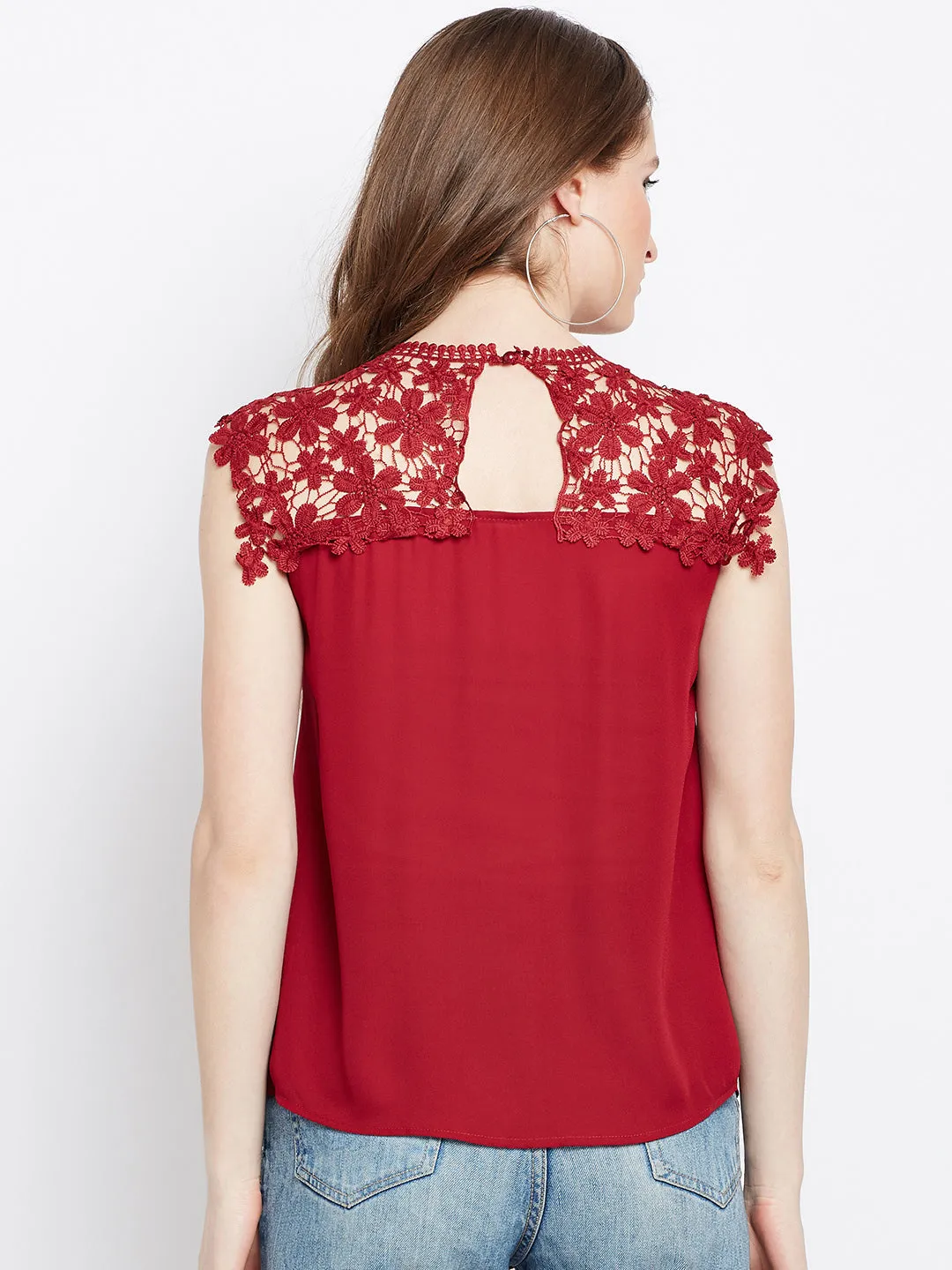 Berrylush Women Solid Maroon Round Neck Laced Regular Top