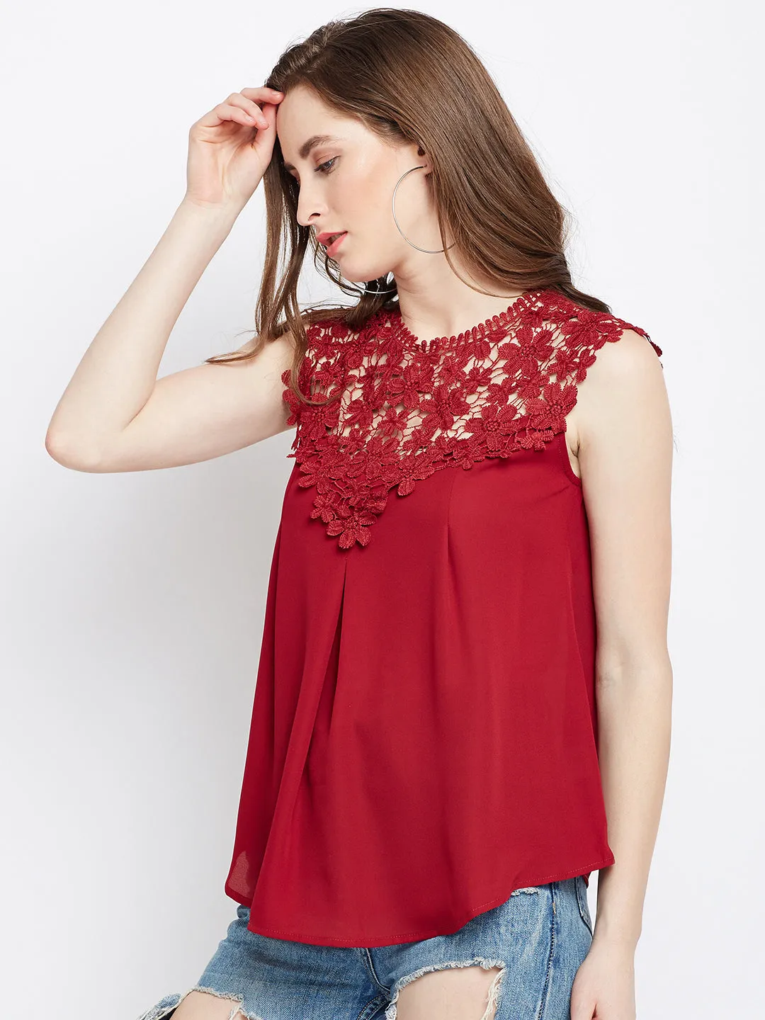 Berrylush Women Solid Maroon Round Neck Laced Regular Top