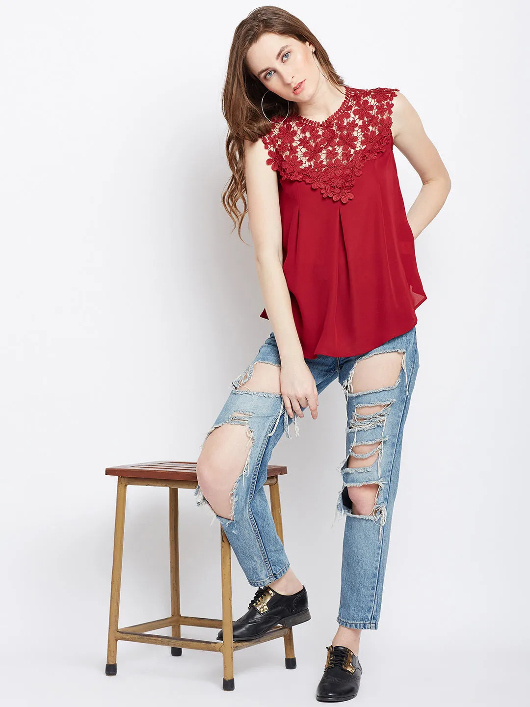 Berrylush Women Solid Maroon Round Neck Laced Regular Top