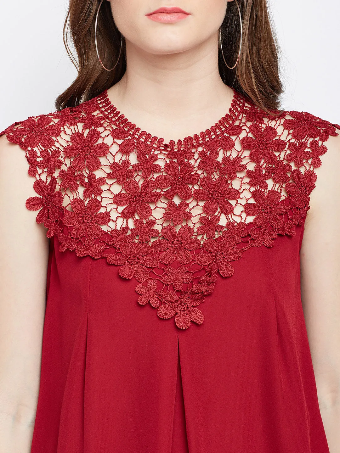 Berrylush Women Solid Maroon Round Neck Laced Regular Top