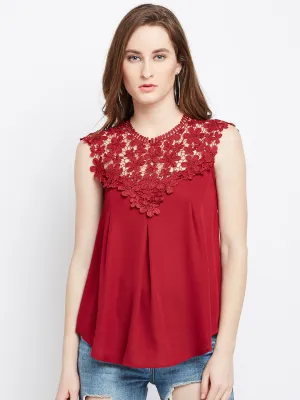Berrylush Women Solid Maroon Round Neck Laced Regular Top