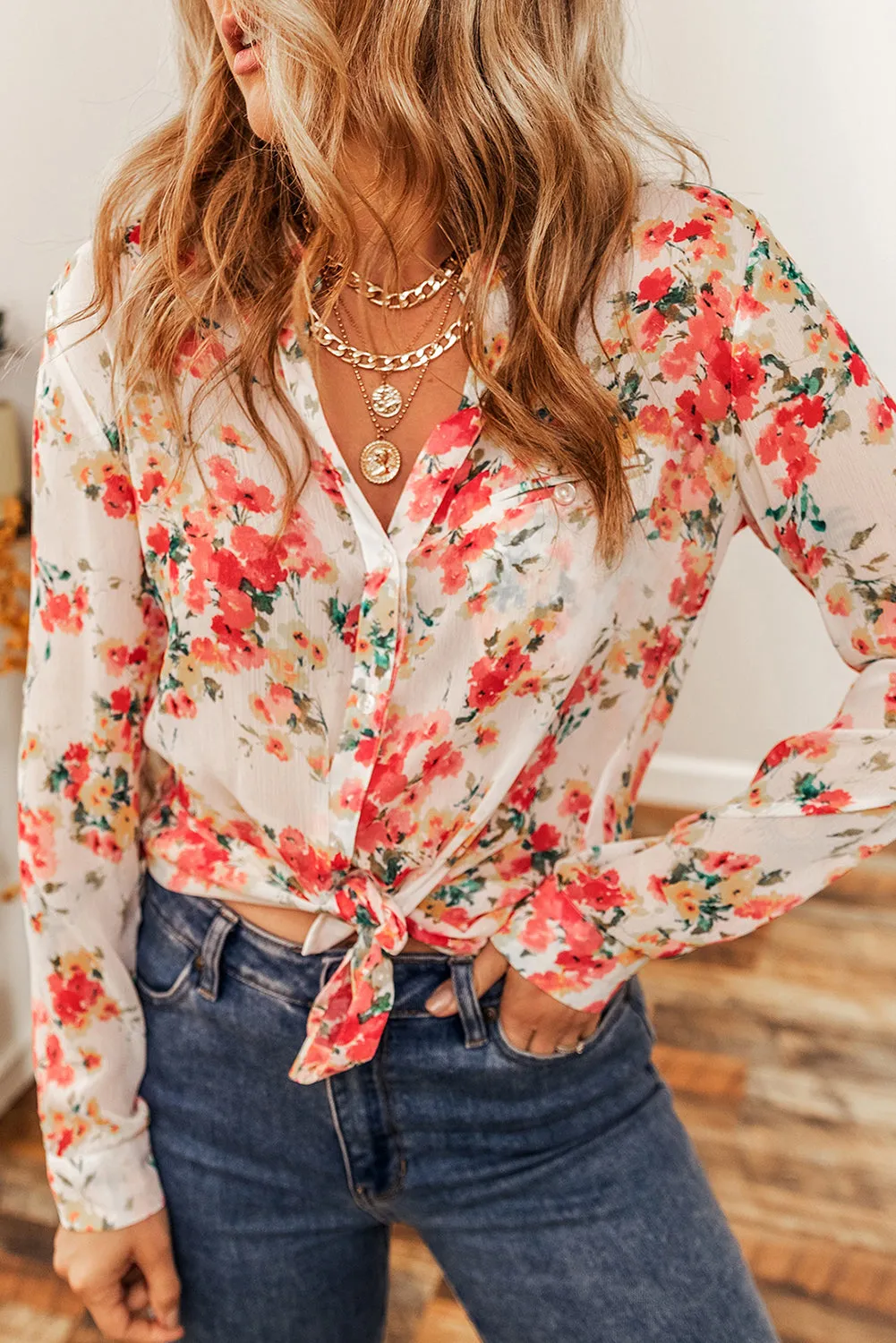 Blooming Rose Print Chest Pocket Blouse