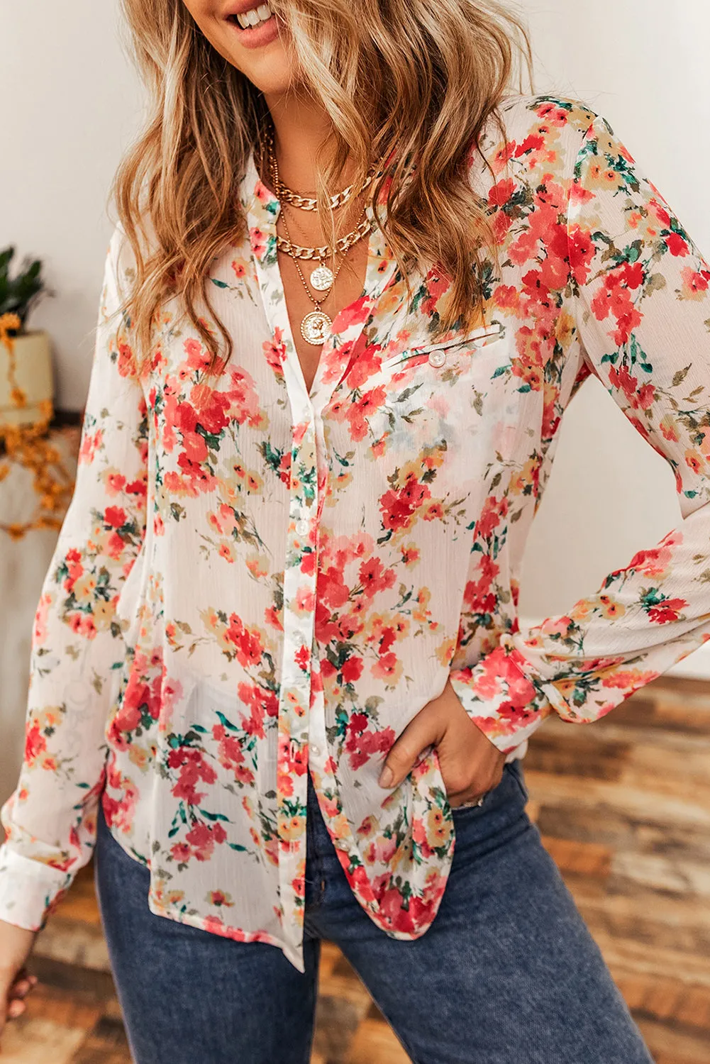 Blooming Rose Print Chest Pocket Blouse