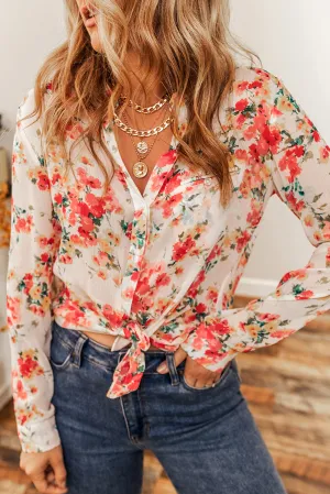 Blooming Rose Print Chest Pocket Blouse