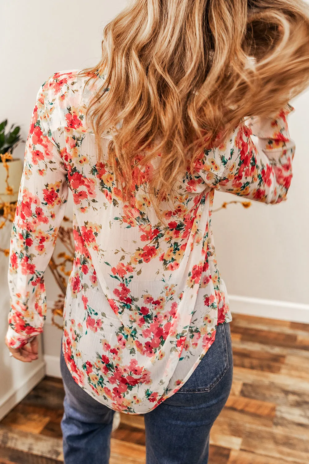 Blooming Rose Print Chest Pocket Blouse