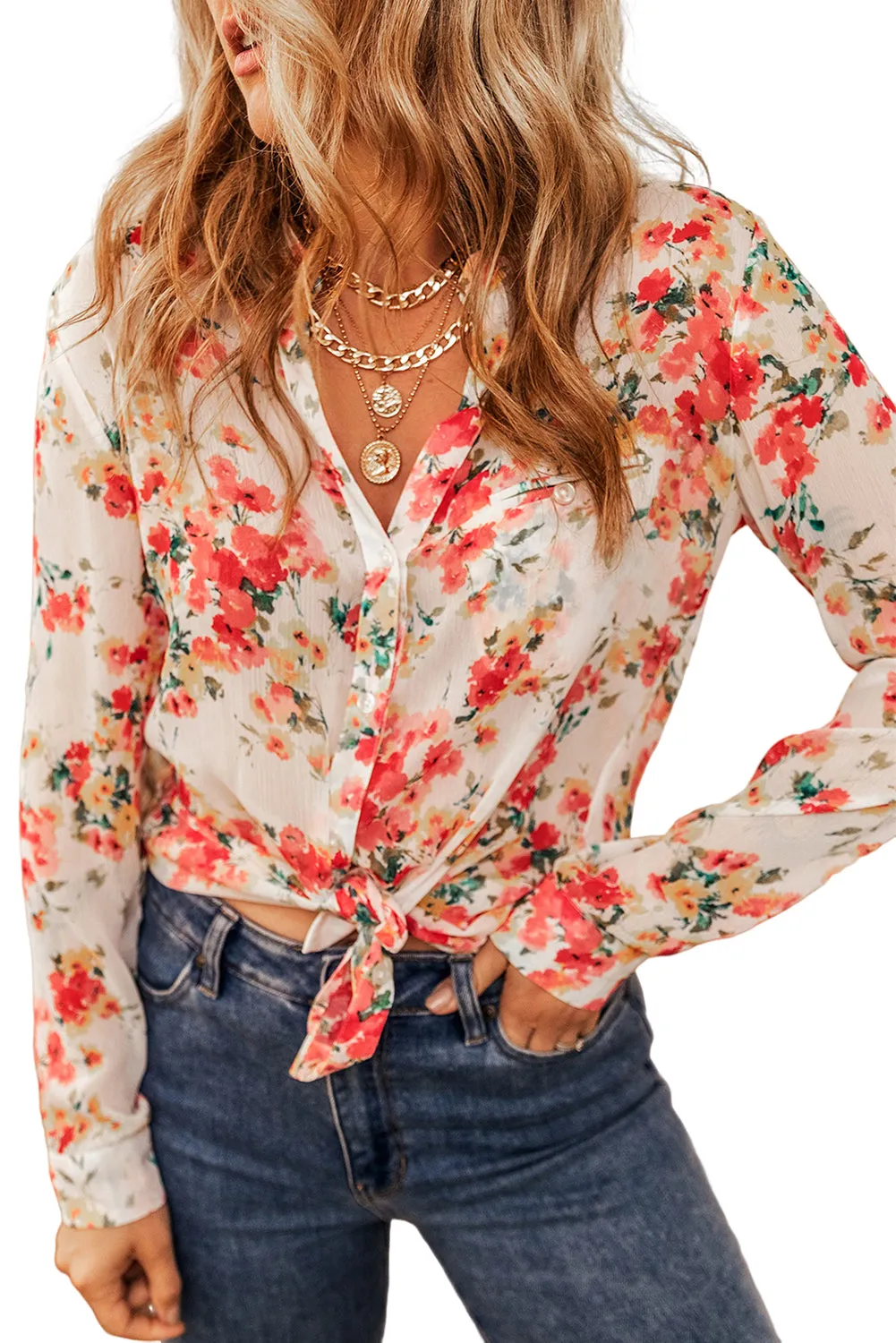 Blooming Rose Print Chest Pocket Blouse