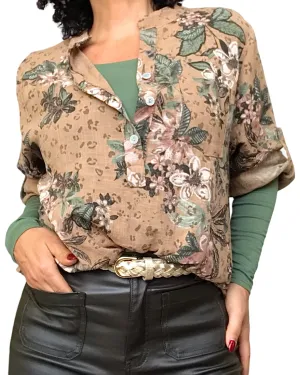 Blouse camel fleurie brun, kaki, et rouille