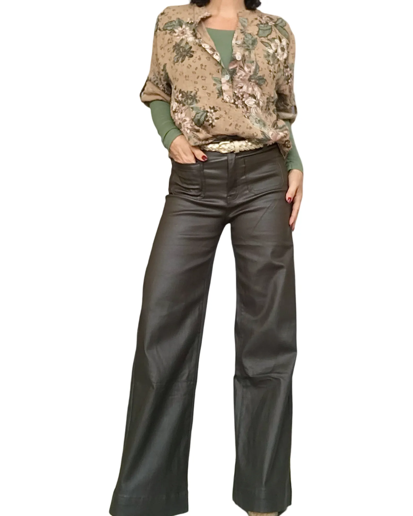 Blouse camel fleurie brun, kaki, et rouille