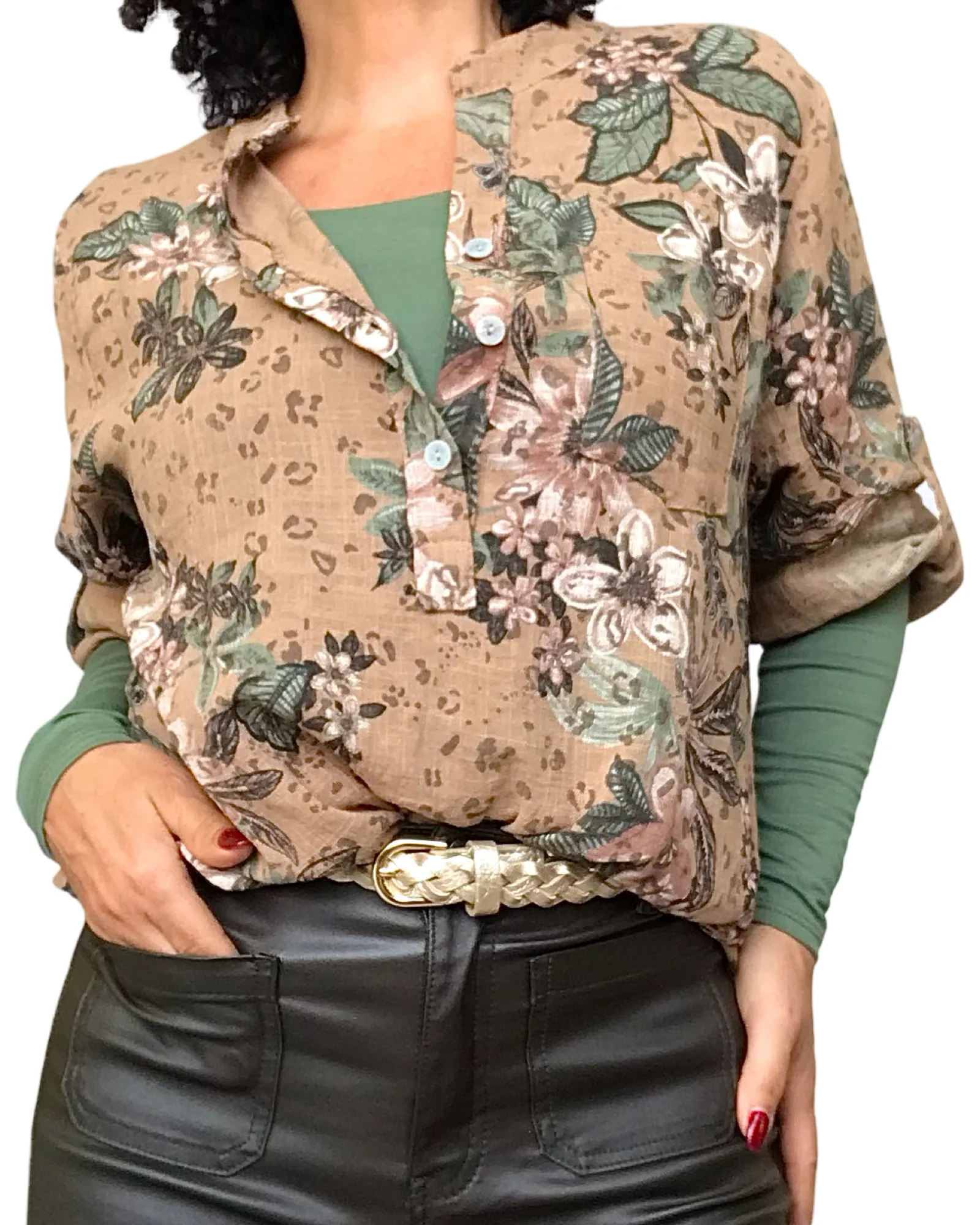 Blouse camel fleurie brun, kaki, et rouille